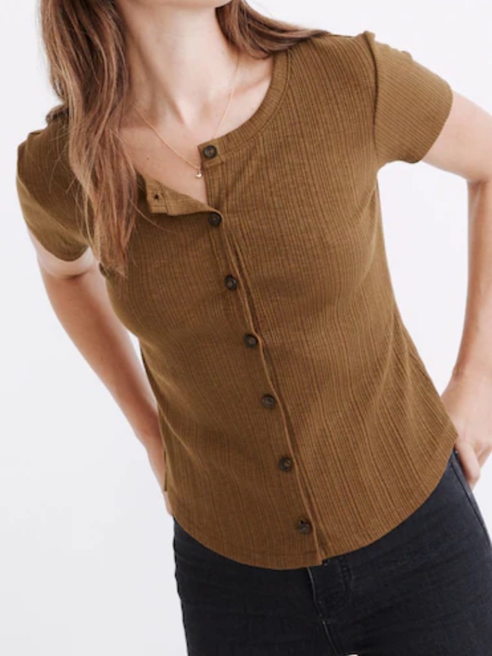 Madewell Women’s Pointelle Button-Front Short-Sleeve Slim Tee Olive Green Fall